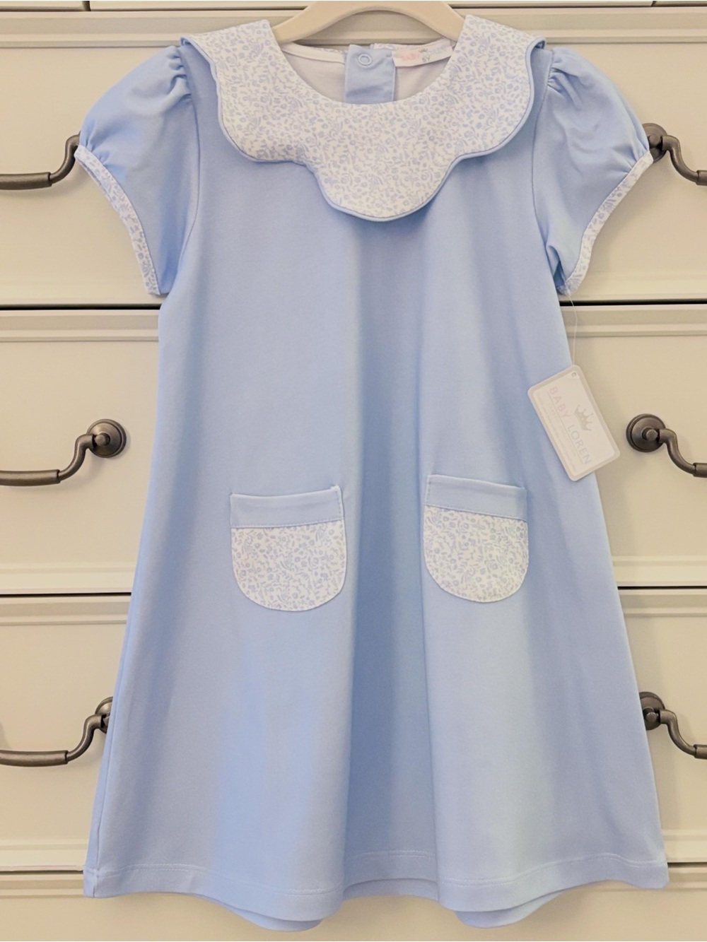 NWT Baby Loren Pima Light Blue Dress Floral   Scallop Collar & Pockets Size 5Y